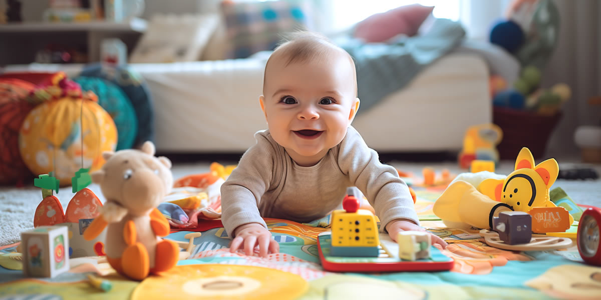 Baby leży na brzuszku na macie z zabawkami
